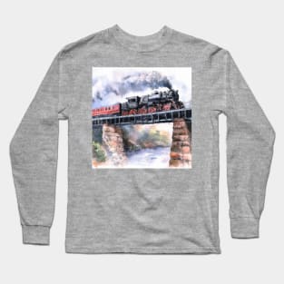 Watercolor Locomotive on a Bridge Long Sleeve T-Shirt